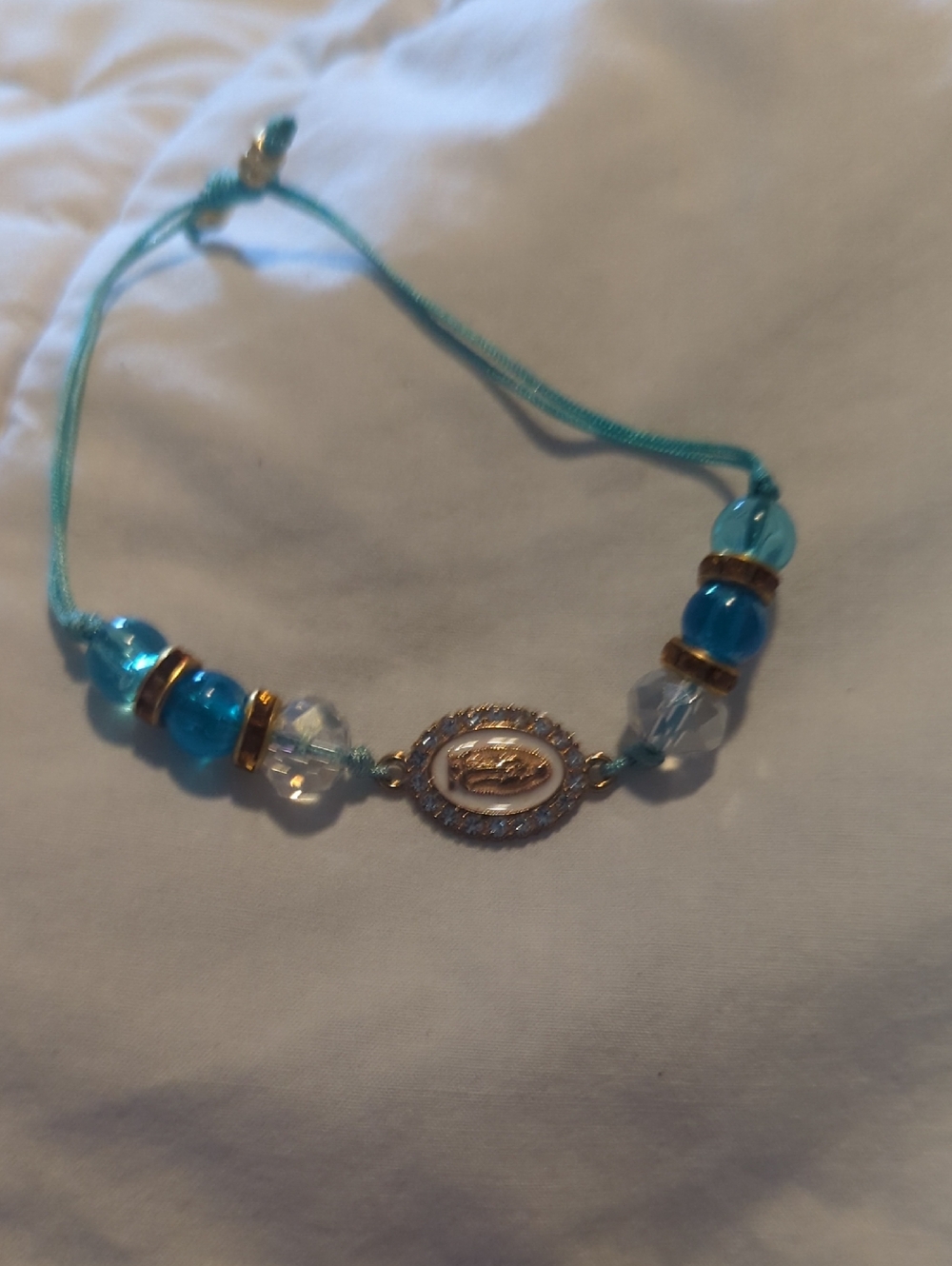 Turquoise Beaded Oval Charm Bracelet with Crystal Accents